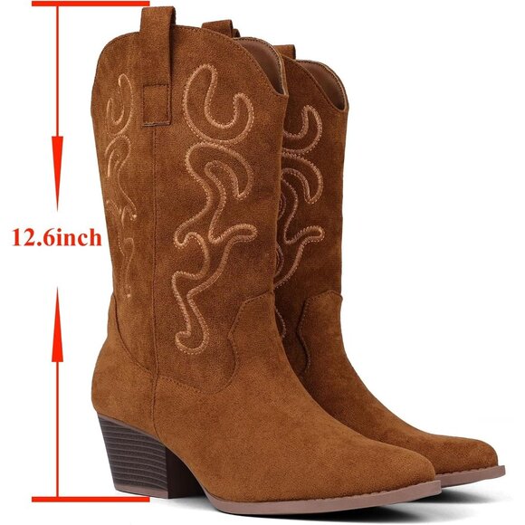 Women Brown Suede Mid Calf Chunky Block Heel Western Embroidered Fashion Boot - Picture 2 of 7